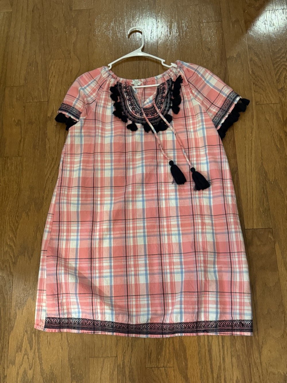 Crown & ivy Pink Plaid Tassel Boho Dress with Black Trim